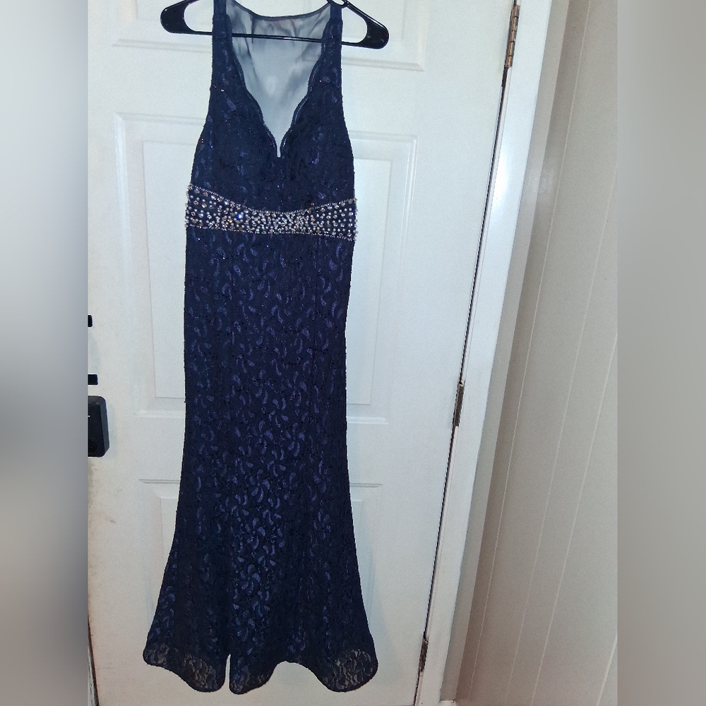 My Michelle Navy Blue Beaded Waist Prom Dress